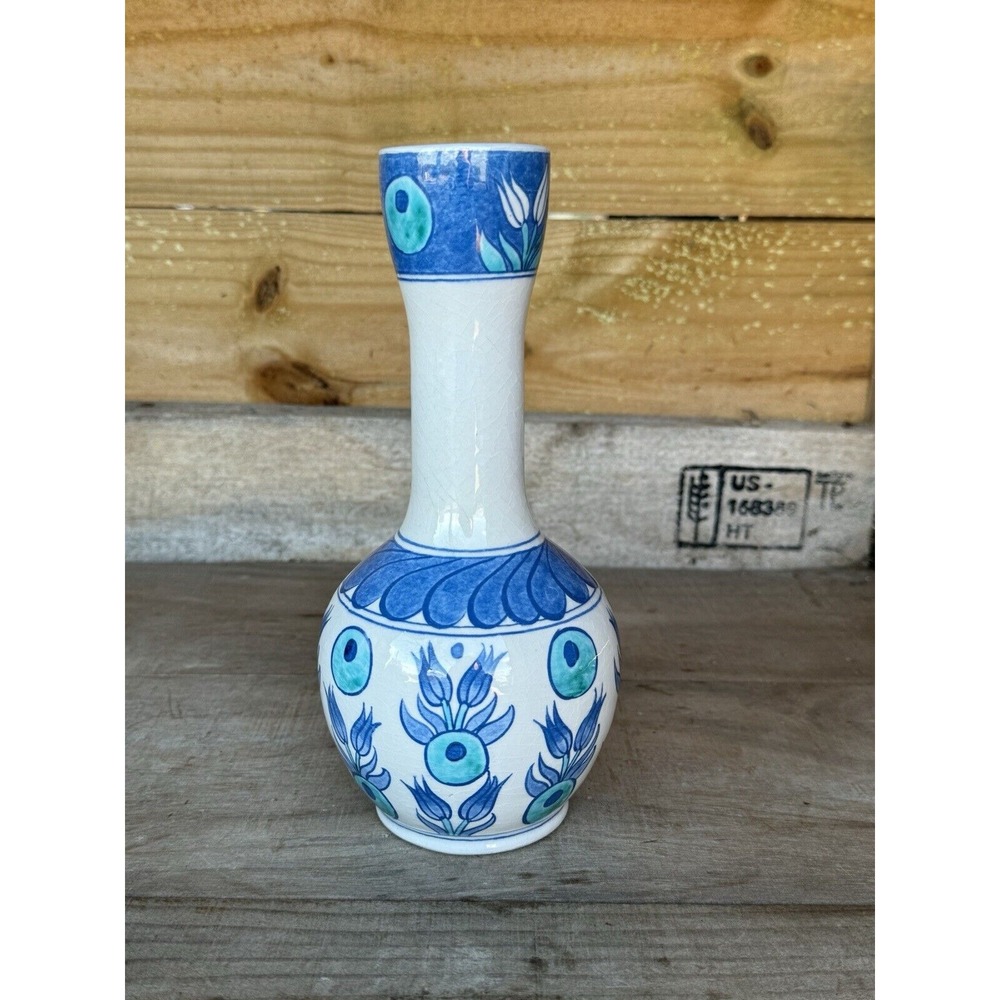Vintage Hand Made Hand Painted Small Turkish Porcelain Vase Blue Floral